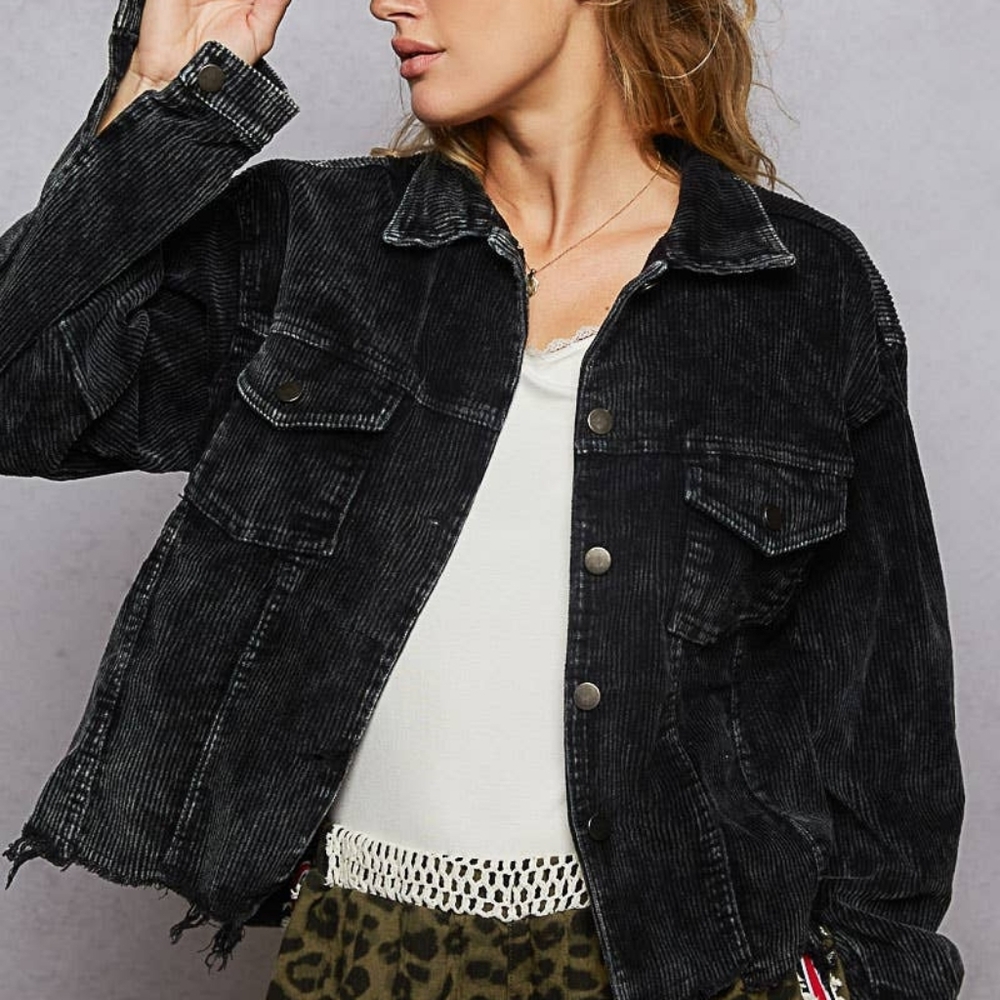 POL Corduroy Jacket Women's Medium Faded Black Raw Hem Oversized Crop Boho - Picture 2 of 8